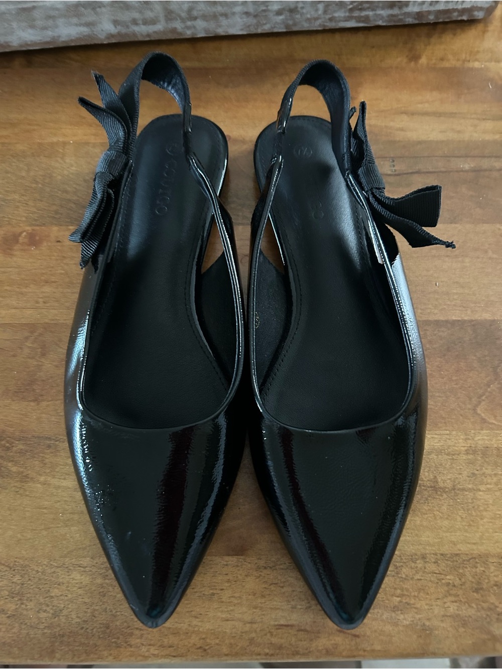 Patent Black Pointed Slingback Flats with Decorative Bow